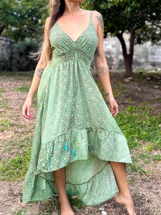Jenny Penny Beach Boutique Dresses & Skirts - Green Boho High-Low Maxi Dress w/ Smocked Waist & Tassel Tie